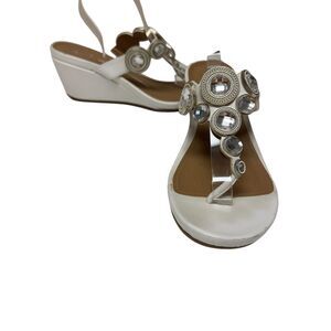 New Direction White Wedge Rhinestone Sandals‎ Thong Strap Embellished